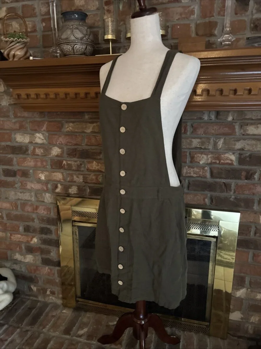 Garage Army Green Overall Dress Size Large Linen Blend